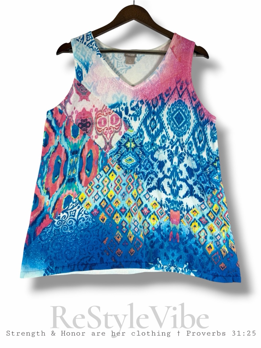 CHICO’S Women’s Size 2 (L) Top Shirt Knit Tank Style Knit Printed Pattern